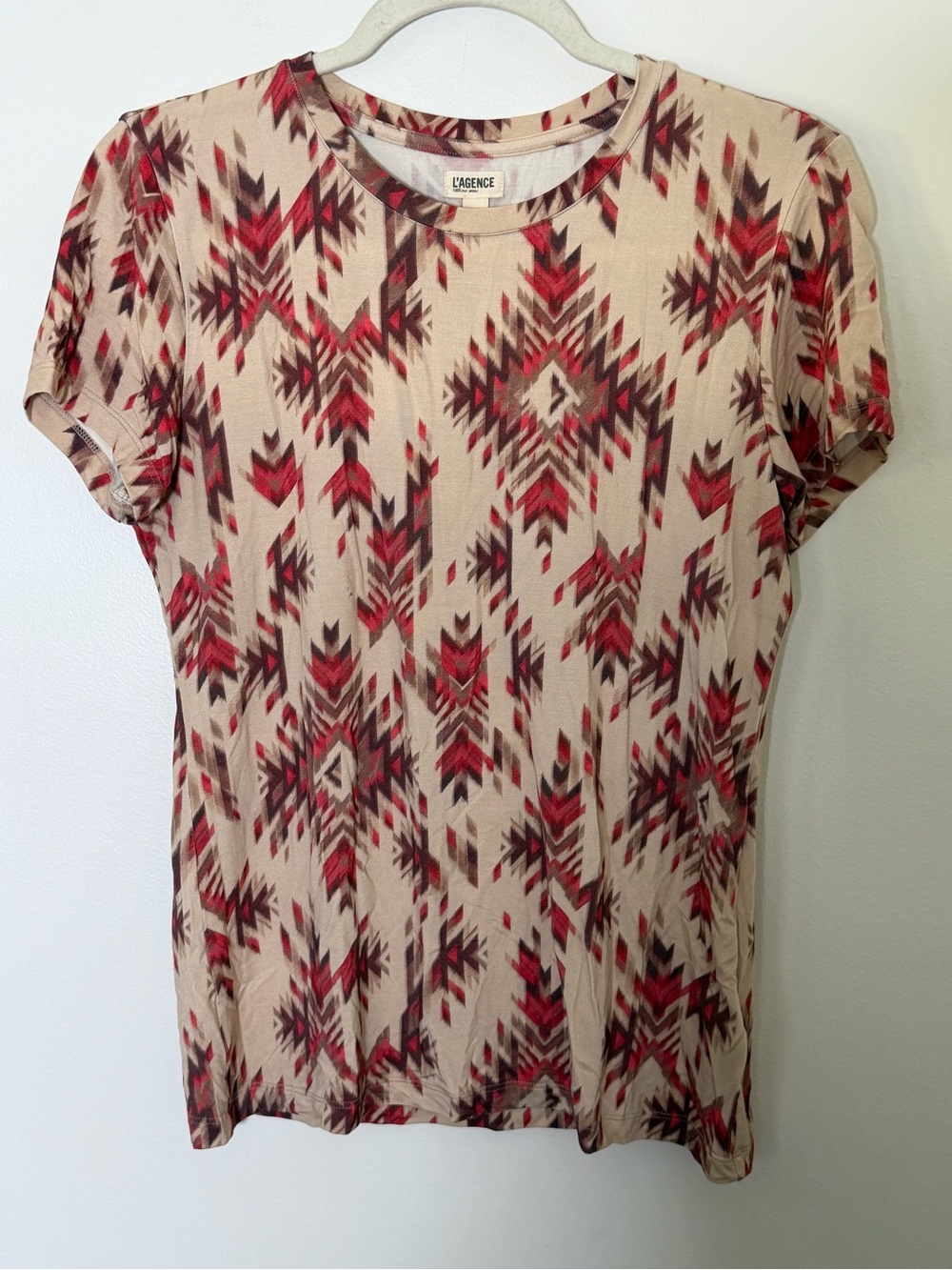 L'AGENCE Beige Tee with Red and Brown Aztec Print
